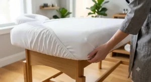 Elastic corners of a white microfiber fitted sheet secured around a commercial massage table