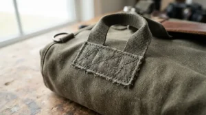 Close-up of the reinforced handles on a padded massage table carry case.