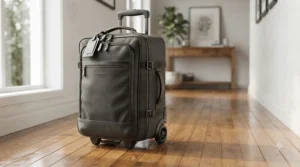 Portable massage table bag with smooth-rolling wheels on a hardwood floor.