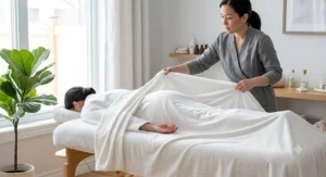 Licensed massage therapist draping a client using a soft white microfiber flat sheet during a treatment