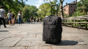 Water-resistant massage table rolling bag resting on a clean tiled pathway outdoors.