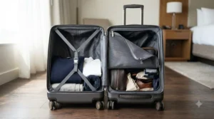 Open wheeled massage table duffel bag showing padded interior compartments.